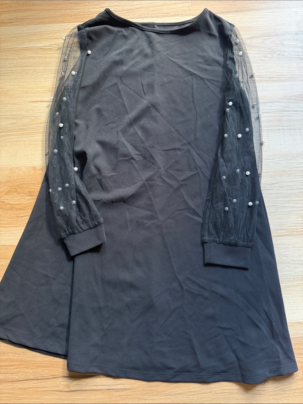 Black Mesh Sleeve Pearl Accent Dress